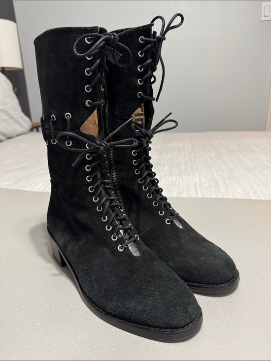 Miista Shoes - Miista Zelda Black Suede Lace Up Mid Calf Boots Chunky Heel Size EU 39 / US 8.5